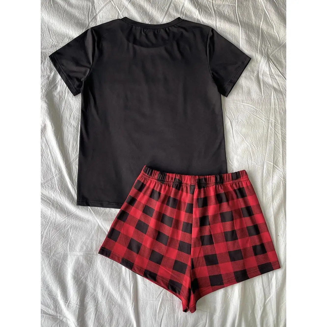Women Pajama Set Solid Color Short Sleeve O-neck Top and Plaid Jogger Pants Female Nightwear Ladies Homewear Loungewear
