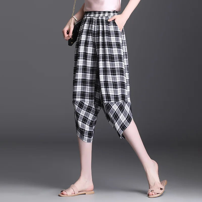 

Elastic High Waist Plaid Harem Capris for Women Summer Vintage Elegant Loose Casual Calf-Length Pants Sweatpants 3105