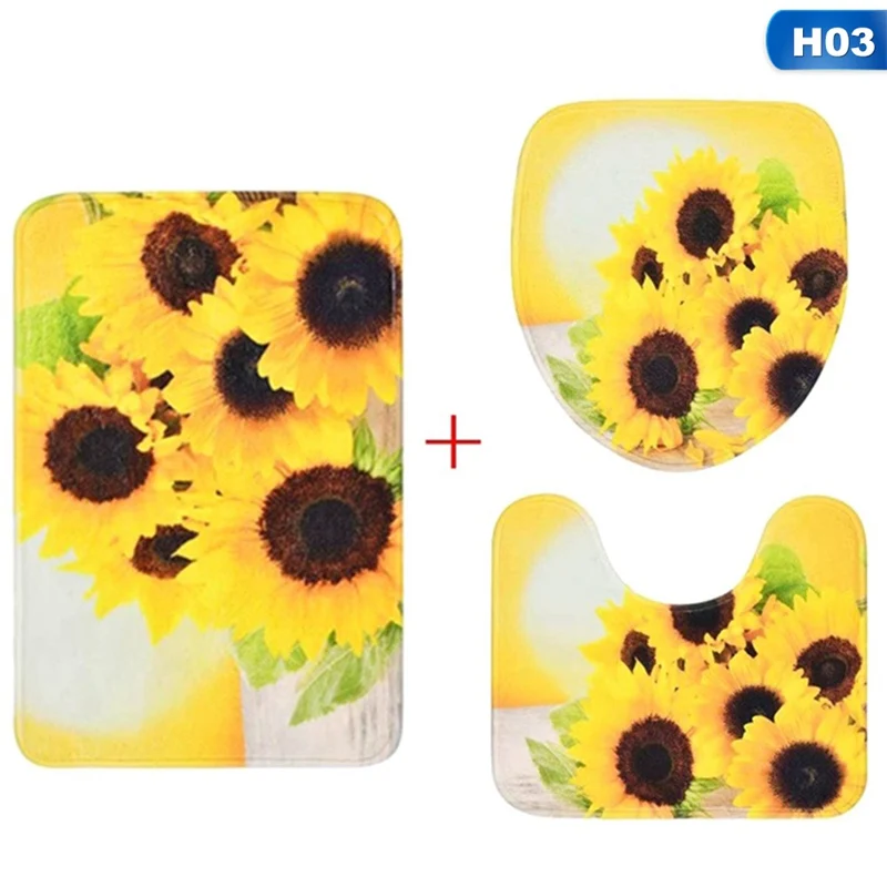 

Sunflower Print Home Decor Set Shower Curtain Bath Mat Toilet Seat Cover Sticker Non-slip Carpet Shower Curtain Toilet Mat Kit
