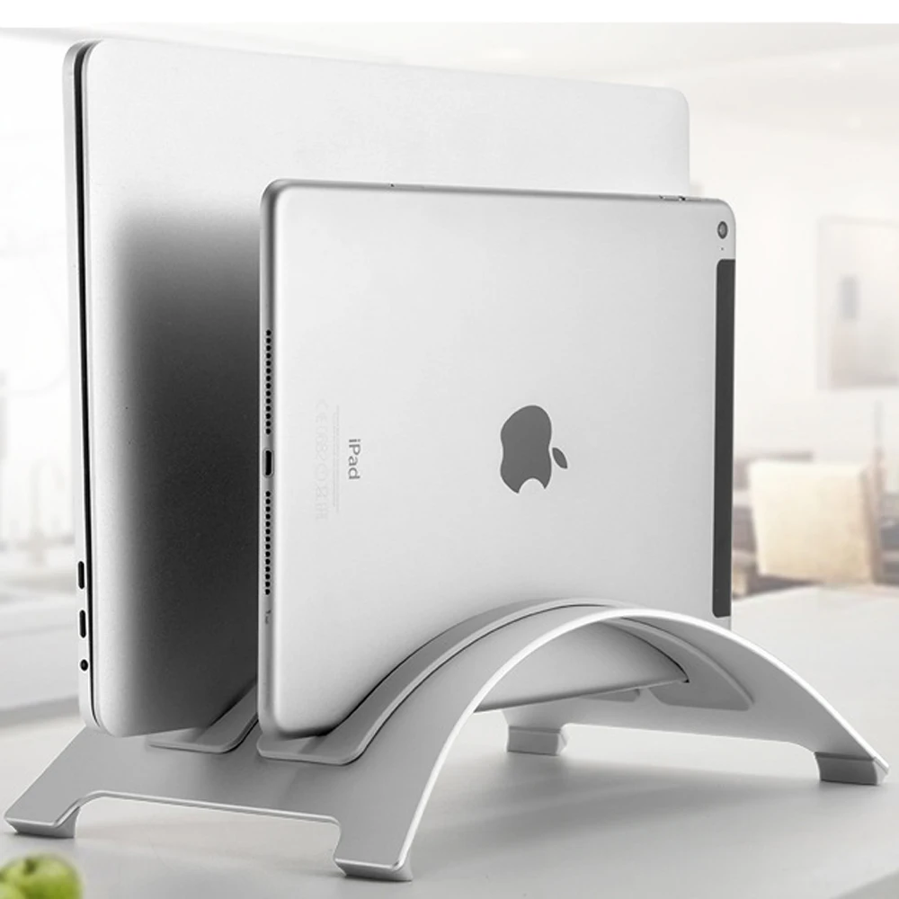 

Aluminum Laptop Vertical Stand Double Space Holder Desktop Erected Holder for Ipad MacBook Pro Air Retina 3pcs Silica Gel Pad