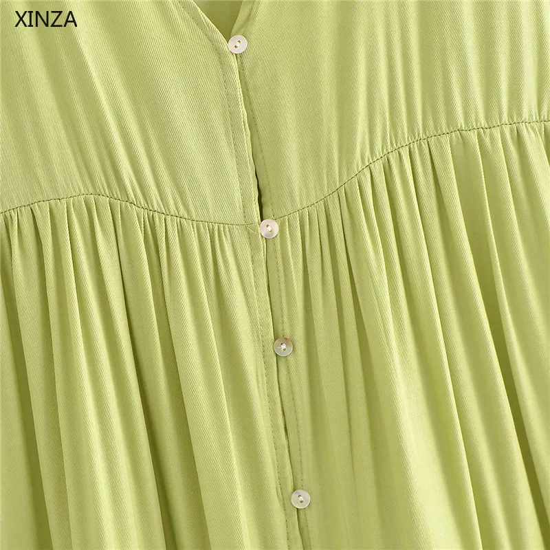 

Za 2021 Women Green Tiered Tunic Long Dress Summer Short Sleeve V Neck Pleated Vintage Dresses Button Up Ruching Loose Dress