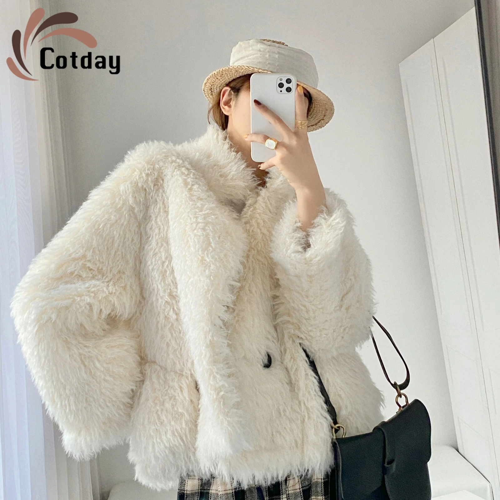 

Cotday Loose Office Lady Woolen Coat Thickened 2020 Fashion Light Luxury High Cashmere White winter warm Women Wool Short Coat