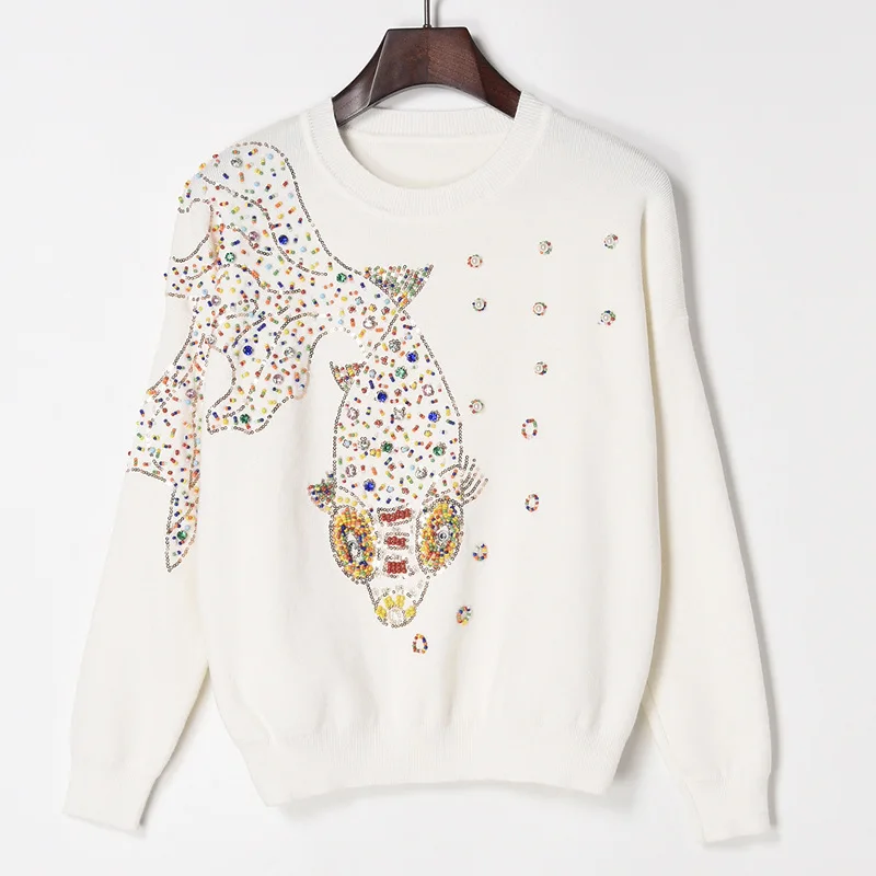 2018 Autumn Winter Fashion Women Sweater with Goldfish Pattern By Hand Made Beadings Long Sleeve O-neck Pullover Kawaii | Женская одежда