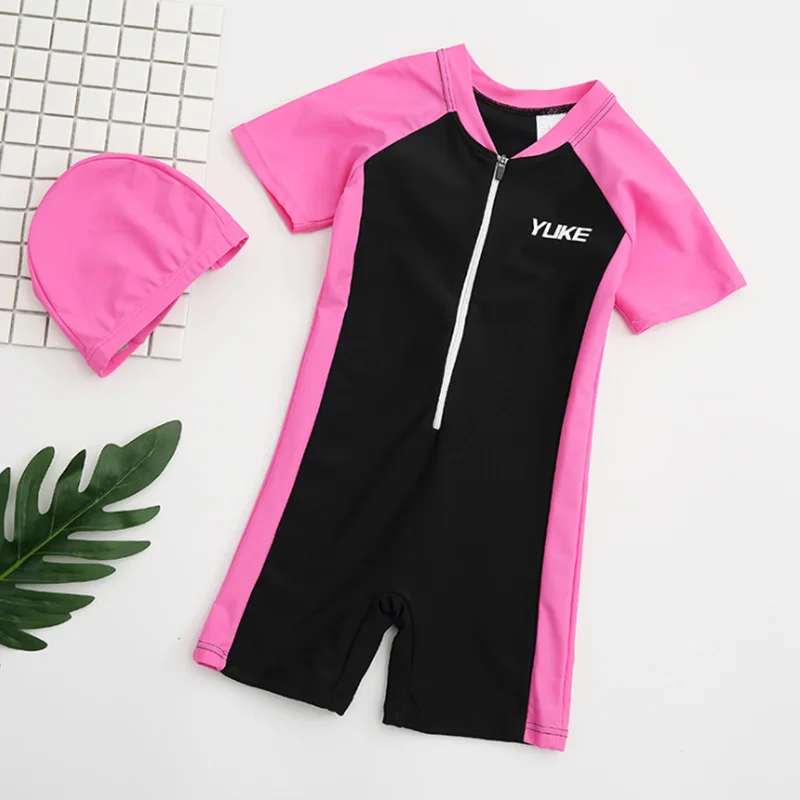 black and pink Детский купальник для мальчиков и девочек, Цельный купальник, Солнцезащитный пляжный костюм, шорты с короткими рукавами и шапочка для плавания - Цвет: black and pink