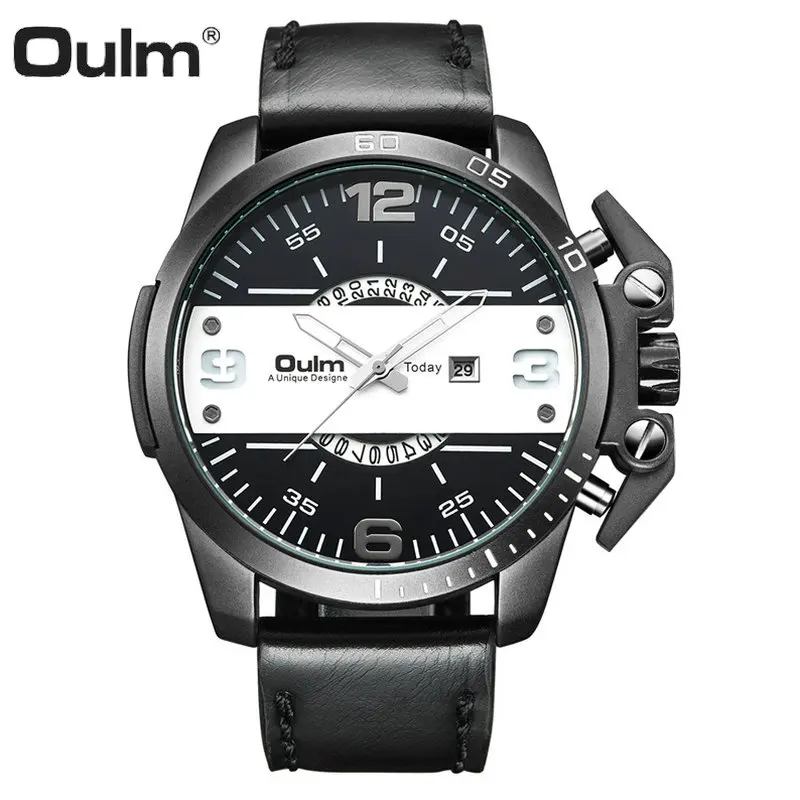 Модные Повседневные Мужские кварцевые аналоговые часы OULM с кожаным ремешком и