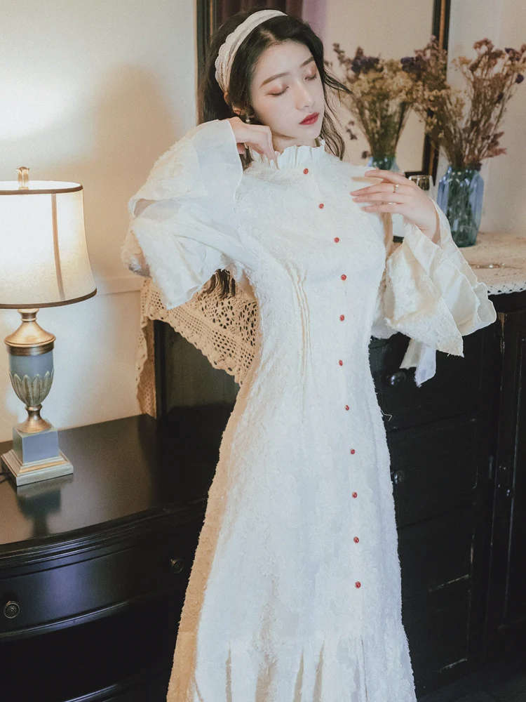 YOSIMI, бежевое кружевное женское платье средней длины, Осеннее, Vestidos, винтажное, длинный рукав, для вечеринки, до середины икры, длинный рукав, элегантные платья