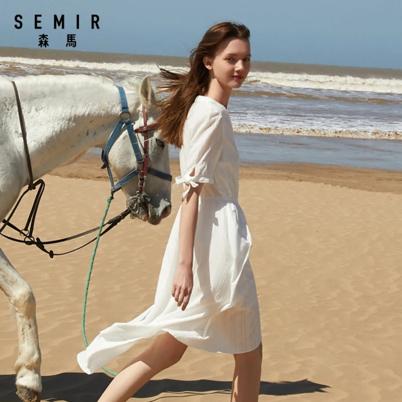 Платье Semir женское хлопковое с V образным вырезом во французском стиле поясом