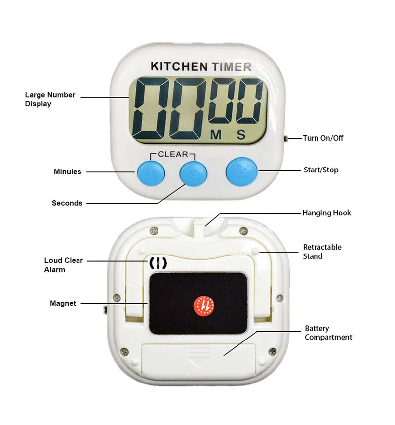 

kitchen timer Magnetic LCD Digital Countdown Timer Alarm with Stand White Kitchen Timer Practical Cooking Clock