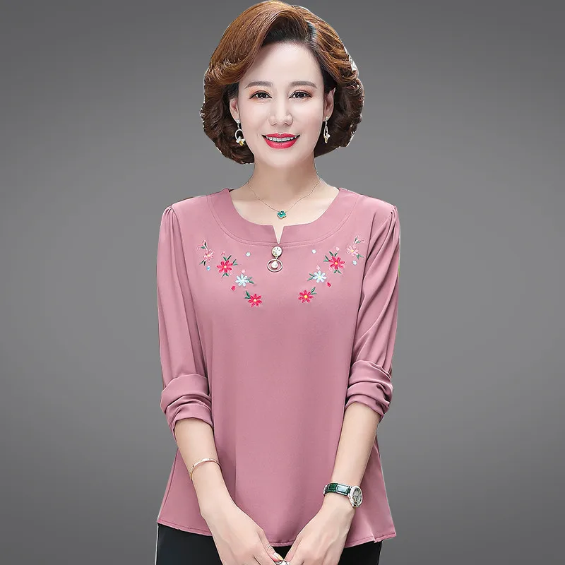 

Embroidery O-Neck Pullover Women T-Shirts Long Sleeve Spring Fall Middle Aged Mother Tee Tops 5XL Female Clothing