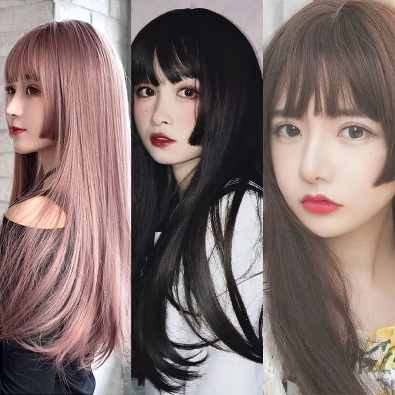 

Wig Straight Hair Hime cut Style Lolita Wig with Bangs Pink Grey Brown Black for Cosplay Wig for Women Hair Extenisons MUMUPI