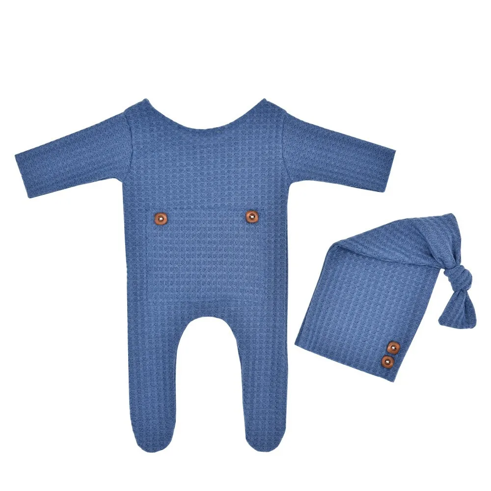 

Newborn Baby Romper Long Tail Cap 2 Pieces Set Toddler Girl Boy Hat Solid Color Knitted Jumpsuit Set Infant Photography Props