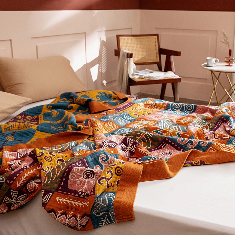 Декоративное одеяло для кровати летнее богемное Хлопковое окрашенное в пряжку