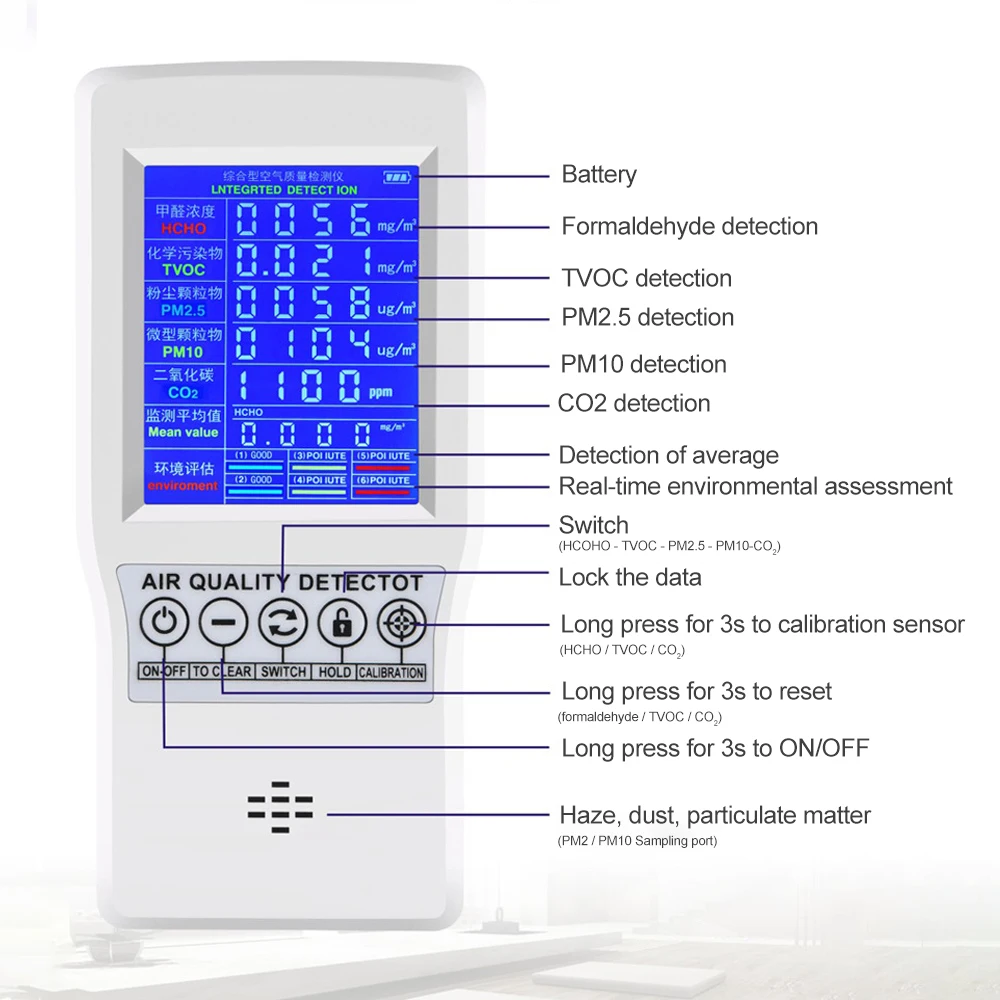 

Digital LCD Formaldehyde Detector TVOC HCHO PM2.5 Carbon Dioxide Detector Gas Analyzer Protable Air Quality Tester