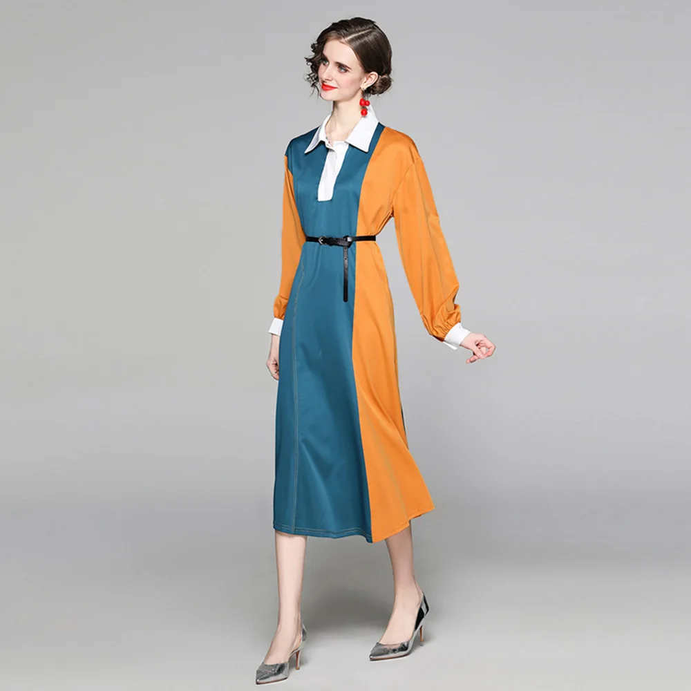 

Office Lady Women's Dress Fashion Temperament Elegant Designer Spring Summer 2021 Thin Color Contrast Splicing Lapel Long Sleeve