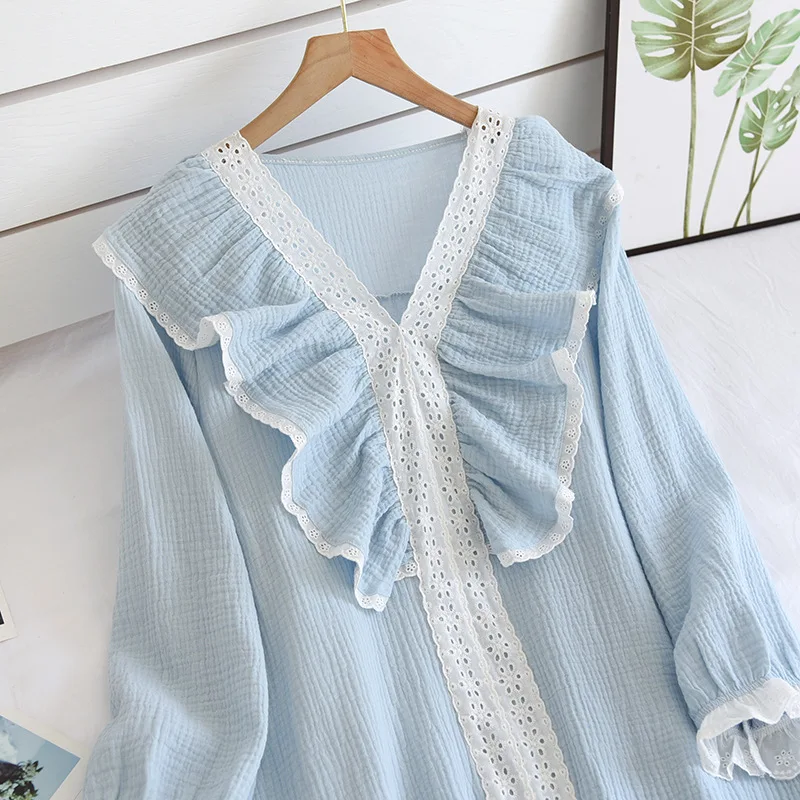 

Sweet Lace Nightdress Women Princess Style Spring Summer Long-sleeved Thin Cotton Gauze Crepe Home Service Suit Solid Sleepwear