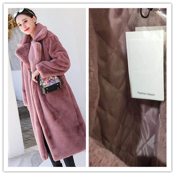 warm liner dark pink Зимнее женское качественное пальто из искусственного кроличьего меха, роскошное длинное меховое пальто, свободные пальто с отворотом, толстые теплые женские пальто больших размеров, 414 - Цвет: warm liner dark pink