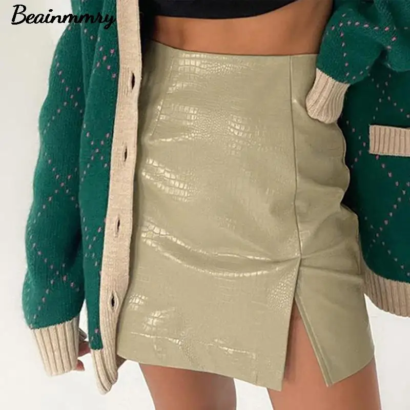 

Women Crocodile Print Leather Skirt Faux Leather Side Split Slim Sexy Mini Skirt Office Ladies Elegant High Waist Skirts