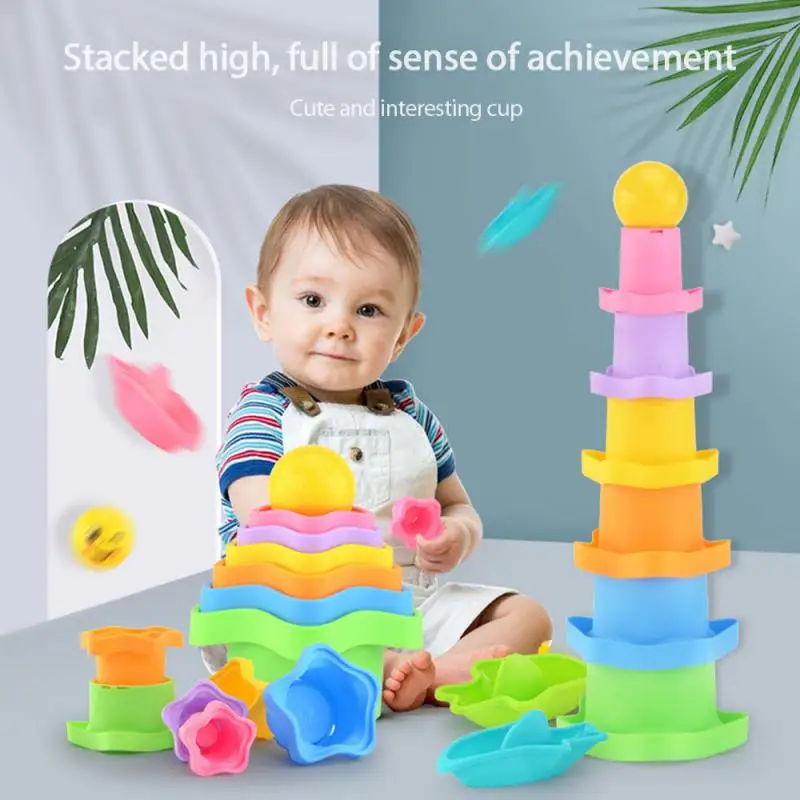 

New Children's Educational Fun Bear Shower Building Blocks Stacking Cups Digital Fruit Hexagonal Water Bath Toy For Baby Kids