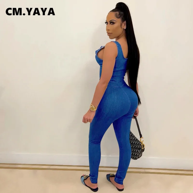 CM.YAYA Искусственные джинсы женские облегающие Комбинезоны на молнии Модный