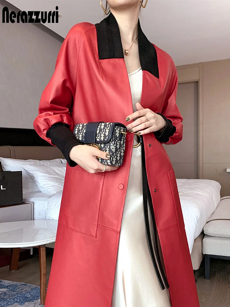 

Nerazzurri Spring Long Leather Coat Women 2021 V Neck Raglan Sleeve Pockets Fall faux leather jacket for women Korean fashion