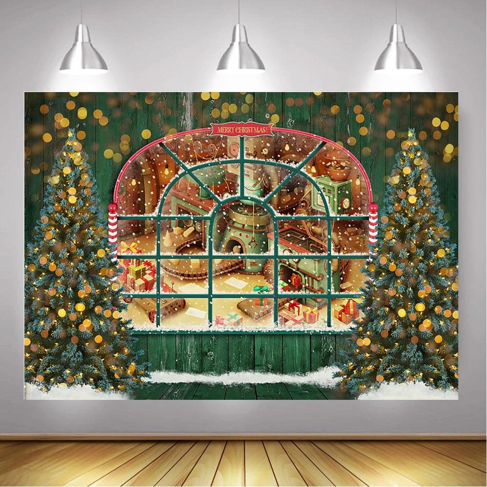 

Bokeh Green Christmas Tress Photography Background Wooden Floor Christmas Gifts Candy Dreamy Paradise Photo Backdrop Photocall