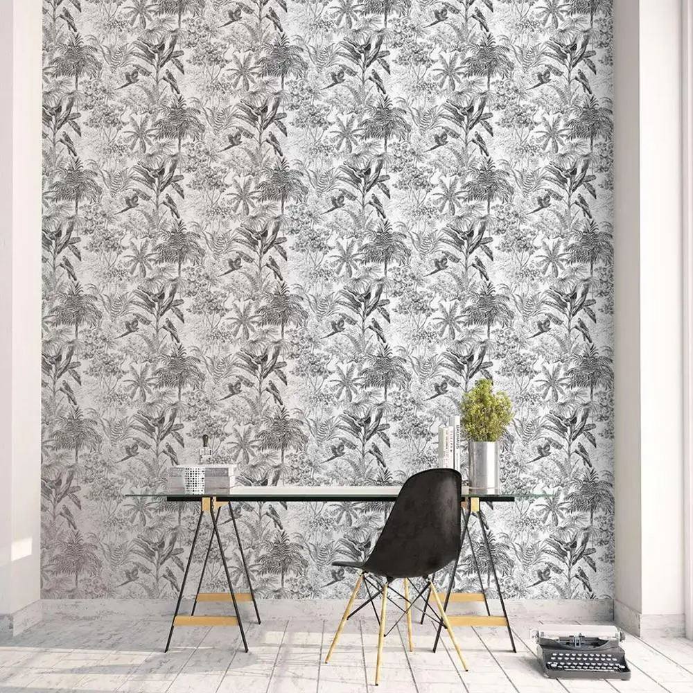 Черно белый скандинавский тропический обои птиц летать в Джунгли Лес PW423330104