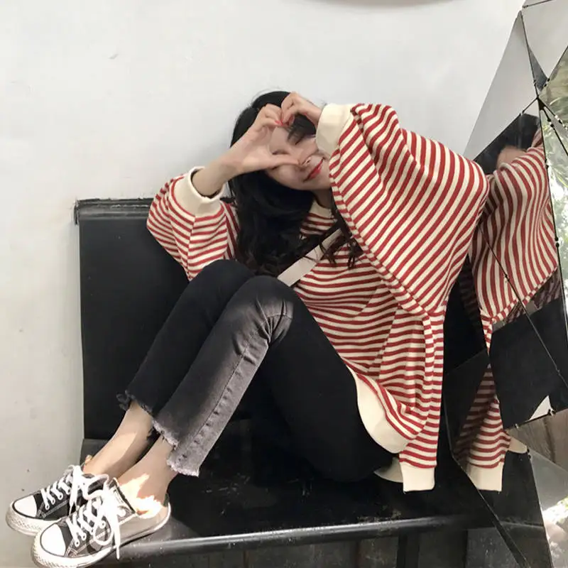 Модный свитшот для женщин осенние свободные толстовки оверсайз в полоску с