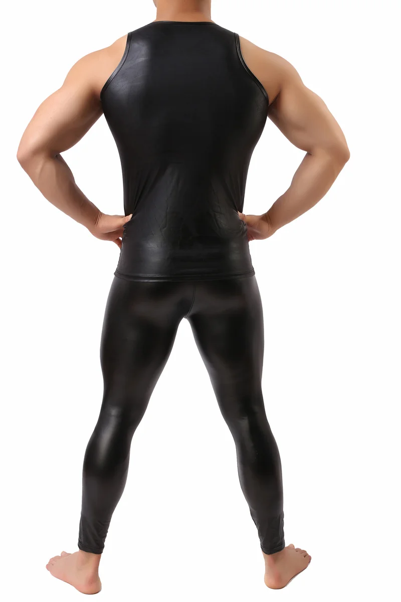 Мужские майки из искусственной кожи футболки без рукавов облегающие брюки