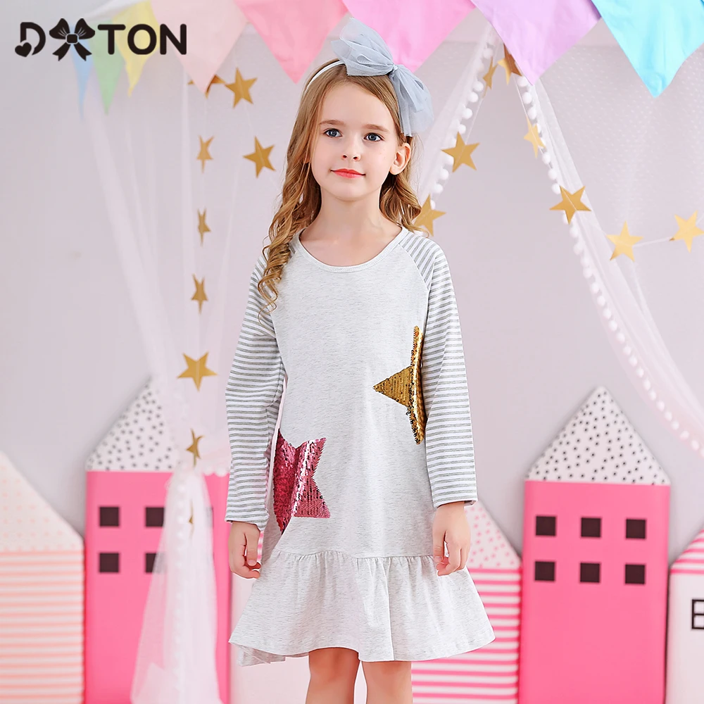 DXTON/Хлопковое платье для девочек Детские платья в полоску с длинными рукавами