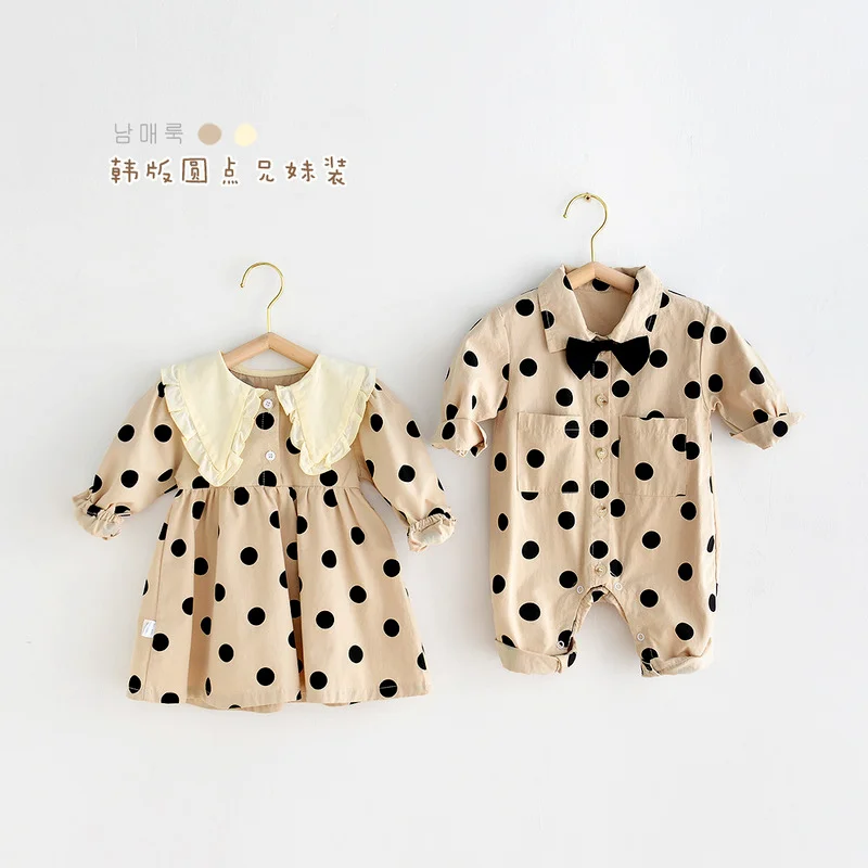 

Платье Brother and sister, Новинка осени 2021, Корейская версия, детское платье в горошек для маленьких мальчиков и девочек, цельное платье с длинными ...