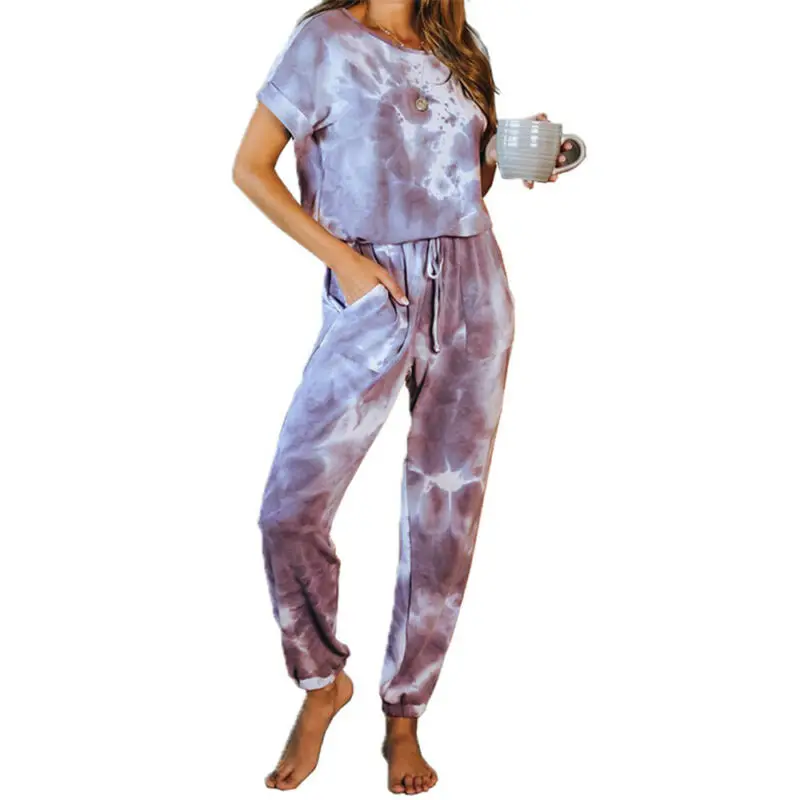 

2PCS Womens Short Sleeve T-Shirt + Pants Tracksuit Set Casual Suit Loungewear