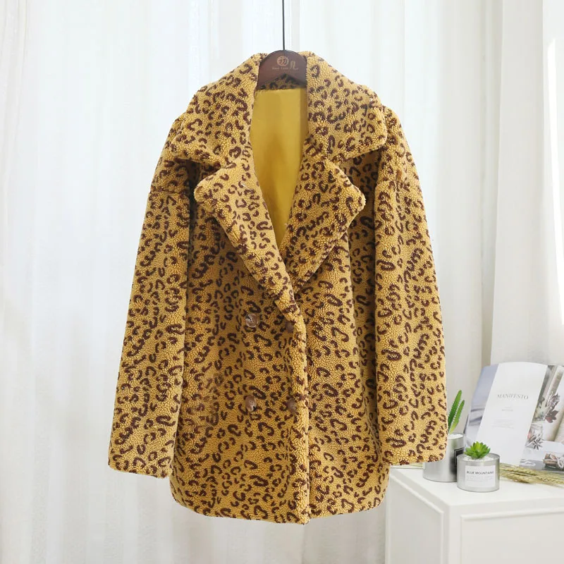yellow leopard Негабаритный верблюжий искусственный мех плюшевый медведь куртка пальто для женщин Зимняя мода уличный стиль теплое пальто Верхняя одежда Пальто из овечьей шерсти - Цвет: yellow leopard