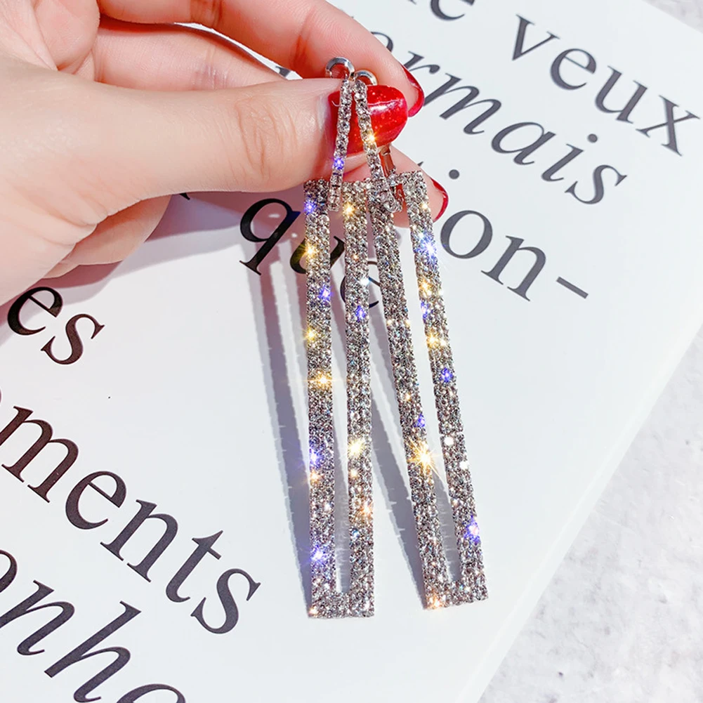 

Fashion Long Geometric Drop Earrings Luxury Gold Silver Color Rectangle Rhinestone Earring for Women Party Jewelry Gift
