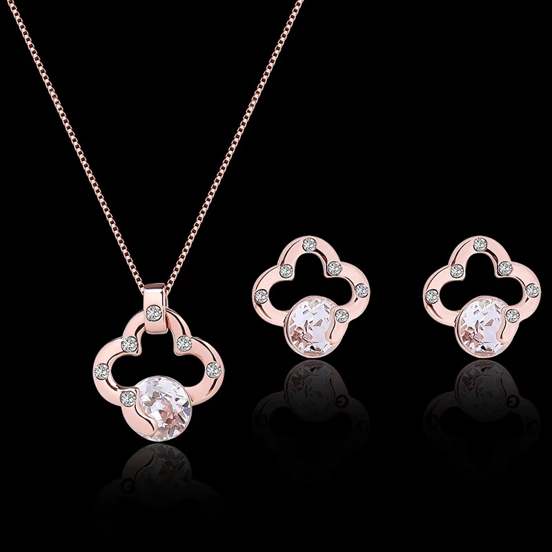 

Popular Crystal Inlaid Zircon Four Clover Double Peach Heart Necklace Earring Set Female Stainless Steel Alloy Hypoallergenic