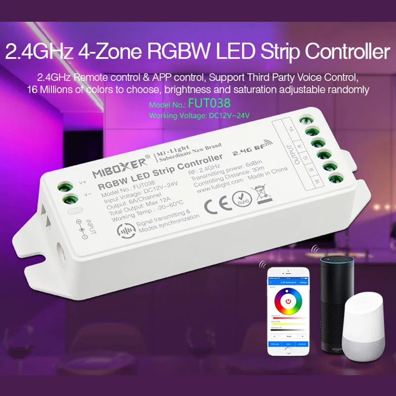 FUT038(upgrade)2.4G 4-Zone RGBW LED Strip Controller 12~24V dimmable led driver 6A/Channel Common anode can remote/voice control