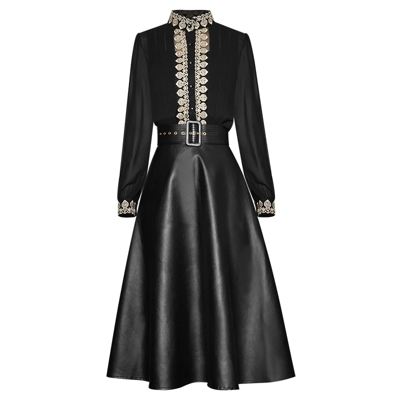 

sets women outfits women's two pieces 2020 long sleeve gold thread Chiffon embroidery pleated shirt + PU leather lace up skirt