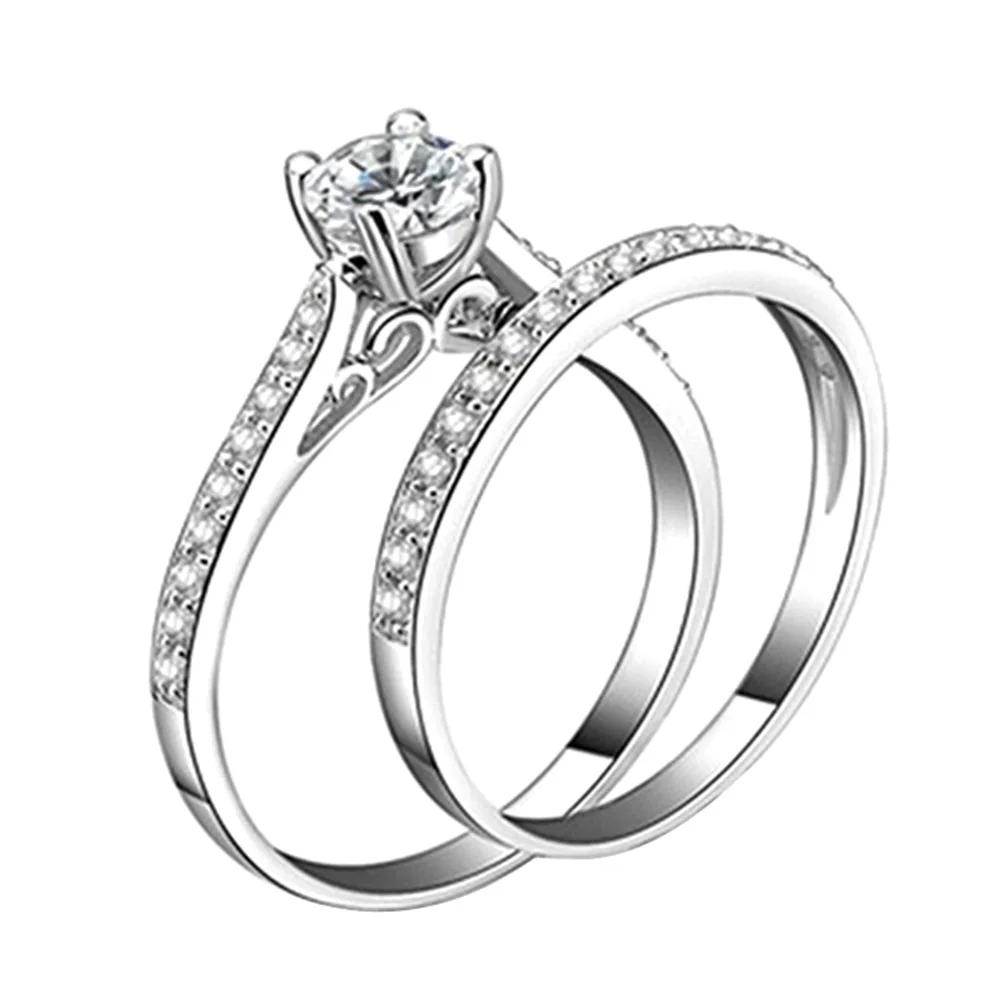 

Faux 2 Pcs/Set Zirconia Silver Color Rings Couple Engagement Wedding Tide High Quality Jewelry Rings
