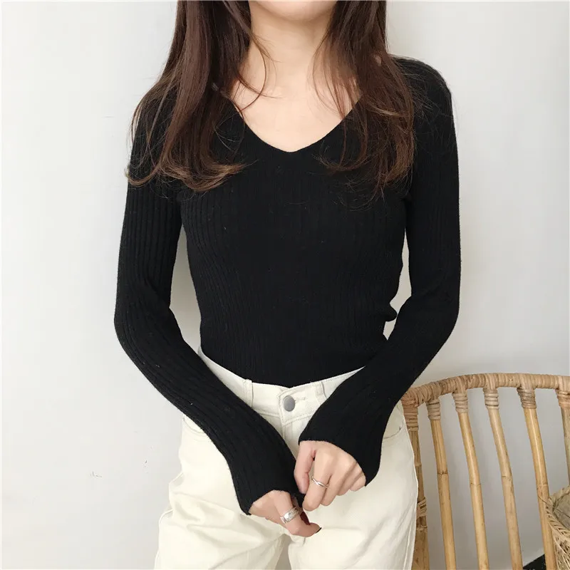 Winter Basic Knitted Tops Women Fashion Hot Sales Design Skin Tight V Neck Sweater Pink Gray White Black Blue O014 | Женская одежда