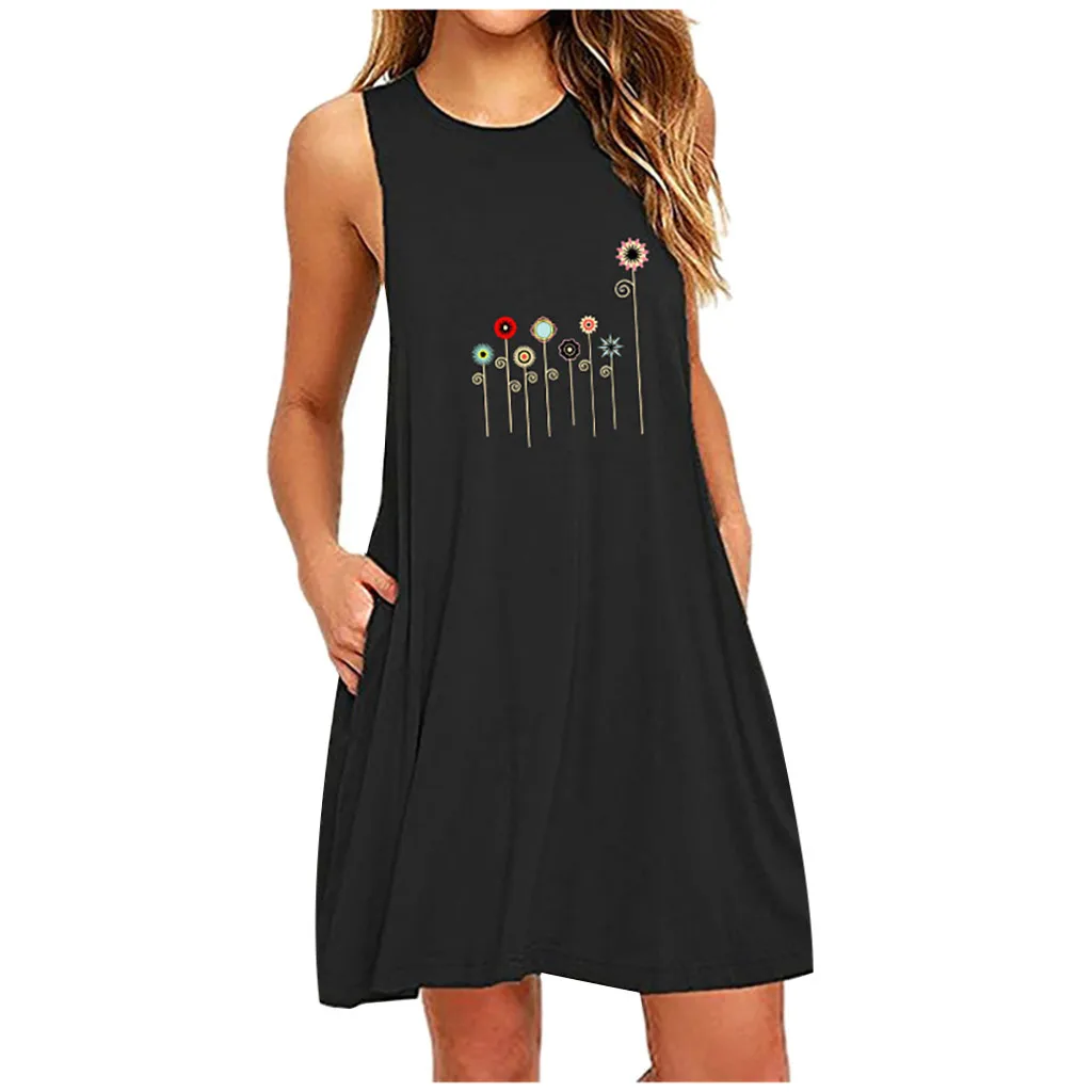 Женское платье без рукавов повседневное мини-платье с круглым вырезом карманами