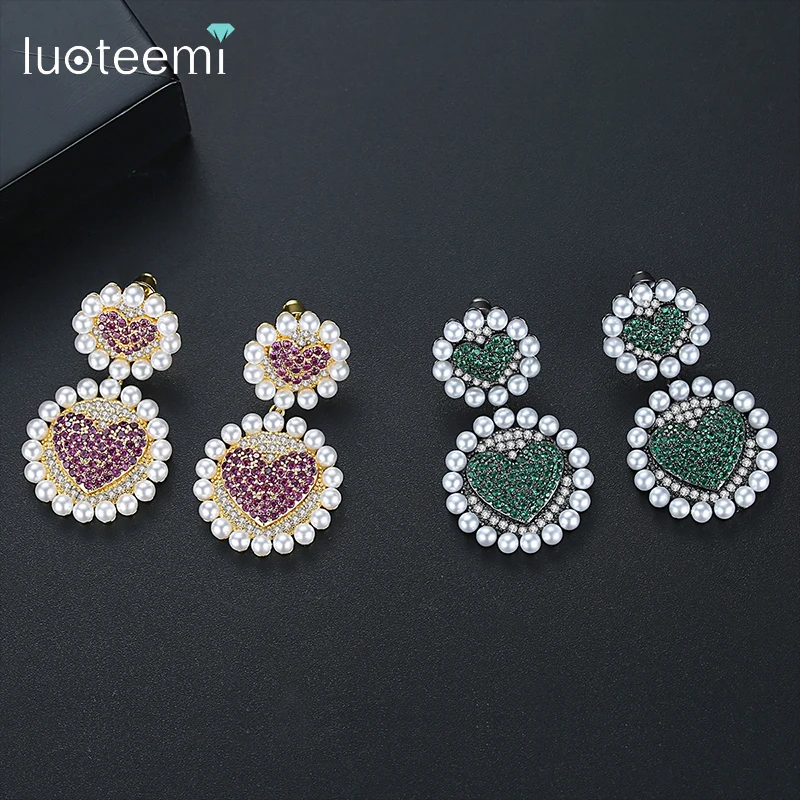 

LUOTEEMI New Fashion Heart Dangle Earrings for Women Party with Small Pearls Green Pink CZ Crystal Drop Earrings Wholesale Gifts