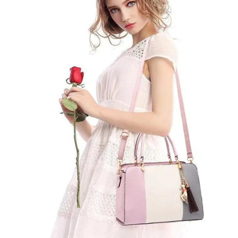 

Trendy Patchwork Color Shoulder Bag for Women Middle Totes Purse Office Lady Crossbody Bags handing tassel ornament Handbags