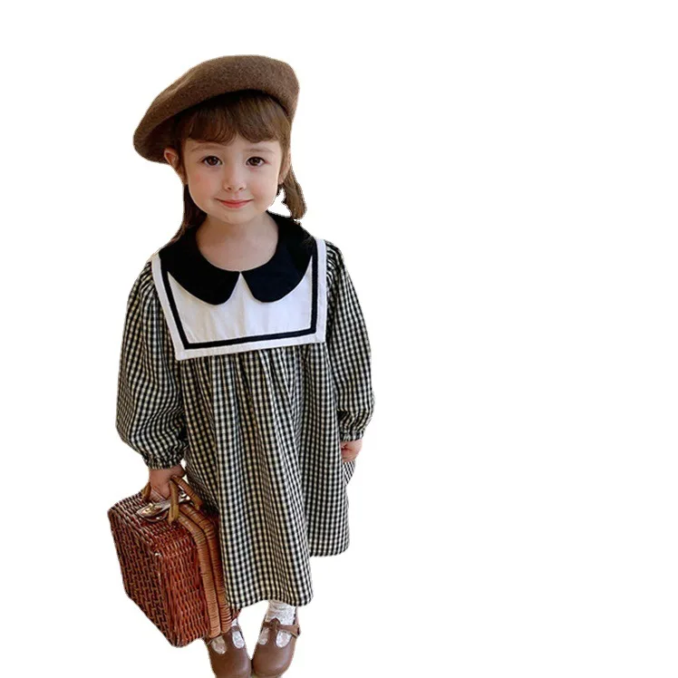 

Kids Spring Loose Dress 2020 New Girl Retro Plaid Princess Dress For ChildrenNavy Dress Doll Collar Cute Long-sleeved Dress