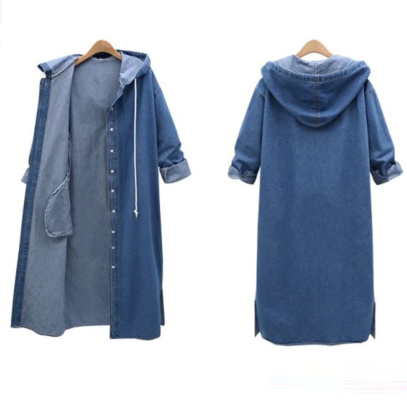 

New Hot Women Fashion Loose Long Sleeve Hooded Denim Jacket Coat Ladies Casual Buttons Long Jean Coat Cardigan Outwear Tops