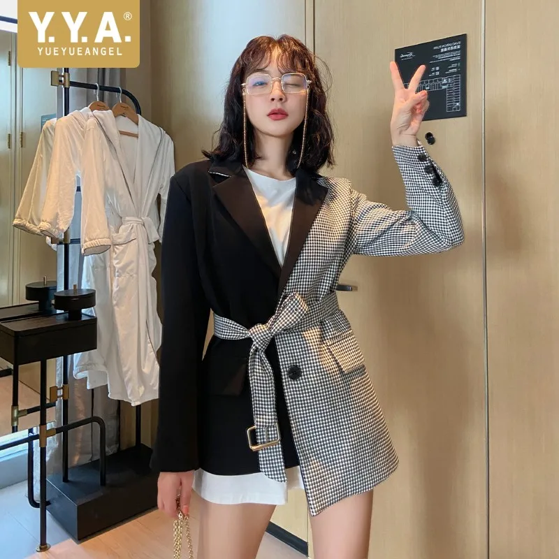 

Designer Womens Blazer Coat Plaid Patchwork Single Breasted Office Ladies Suit Jacket Mid Long Belted Slim Fit Blazers Outerwear
