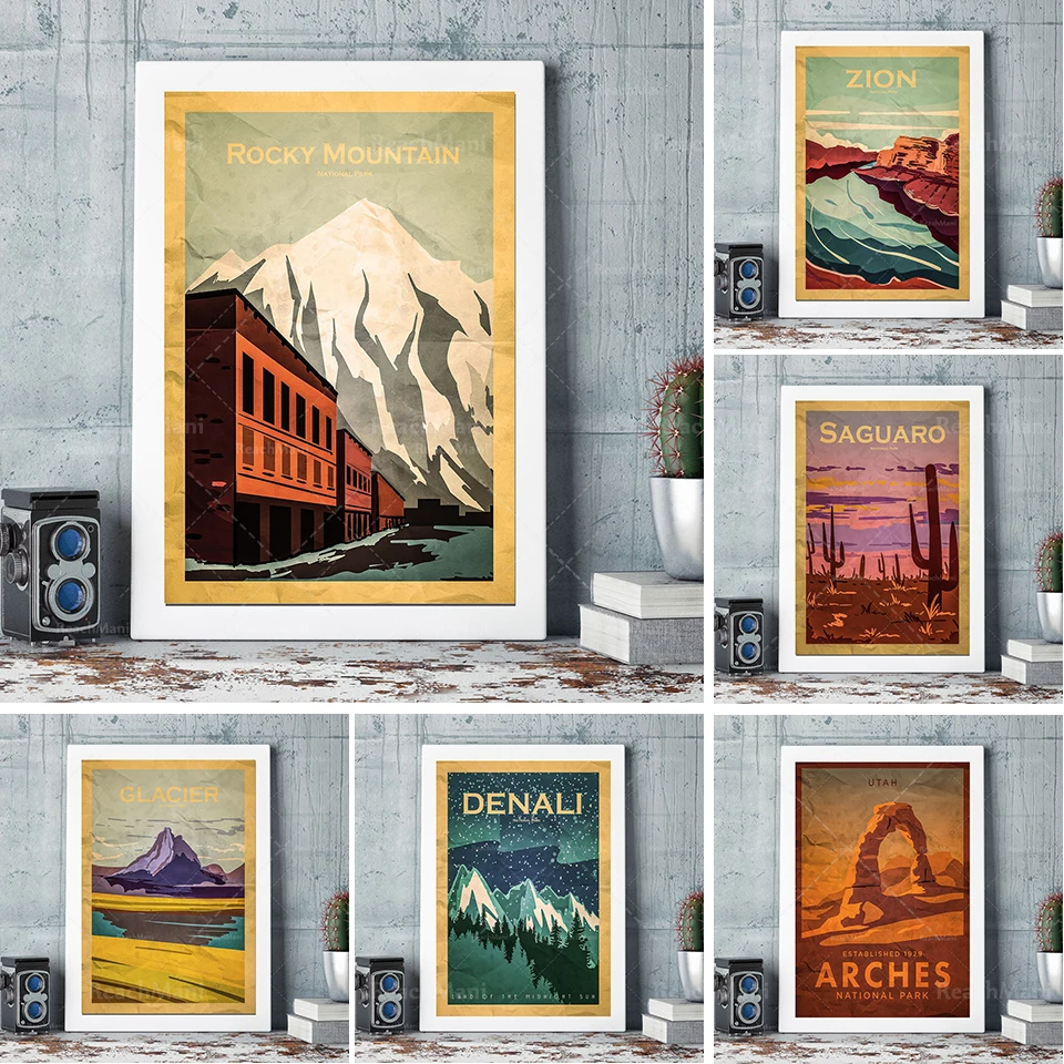 

America, national park, minimalist artwork, retro vintage travel typographic poster, graphic design