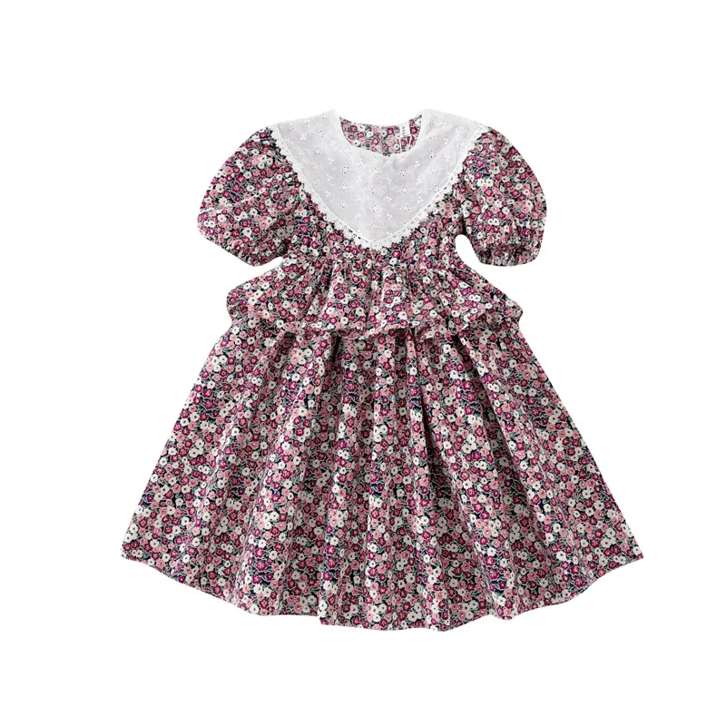 

kids summer dress cotton short sleeve clothes baby girls Fashion lace collar Floral Dress