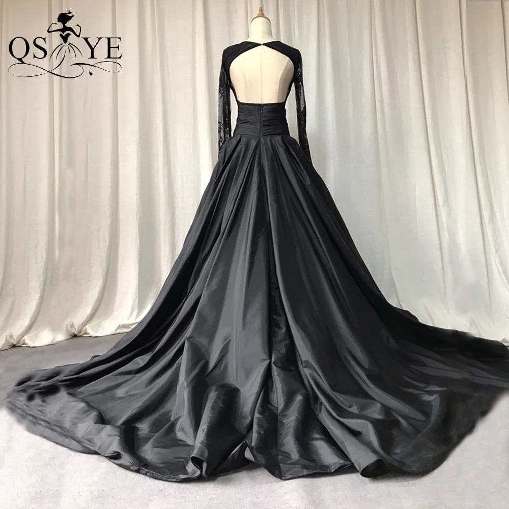 

QSYYE Black Taffeta Prom Dresses Puffy A Line Long Lace Evening Dress Long Sleeves Formal Party Gown Open Back Wide Waistline