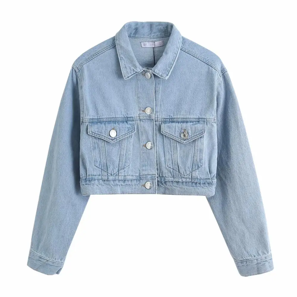 

Женское короткое джинсовое пальто с карманами, Укороченное пальто с длинным рукавом и воротником, модная повседневная женская одежда, нови...