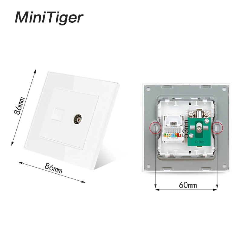 Minitiger White Luxury Crystal Glass Panel RJ45 Internet Data Computer Jack CAT5E Connector With Female TV Outlet Wall Socket |