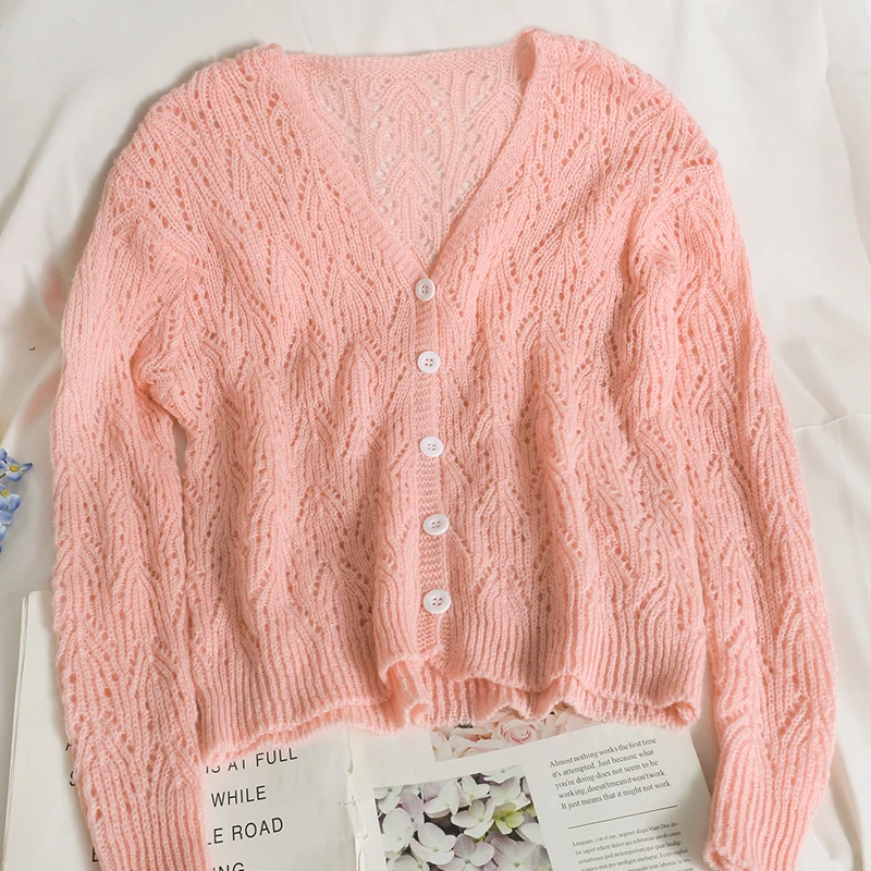 Женский вязаный кардиган оверсайз с V-образным вырезом и длинным рукавом |